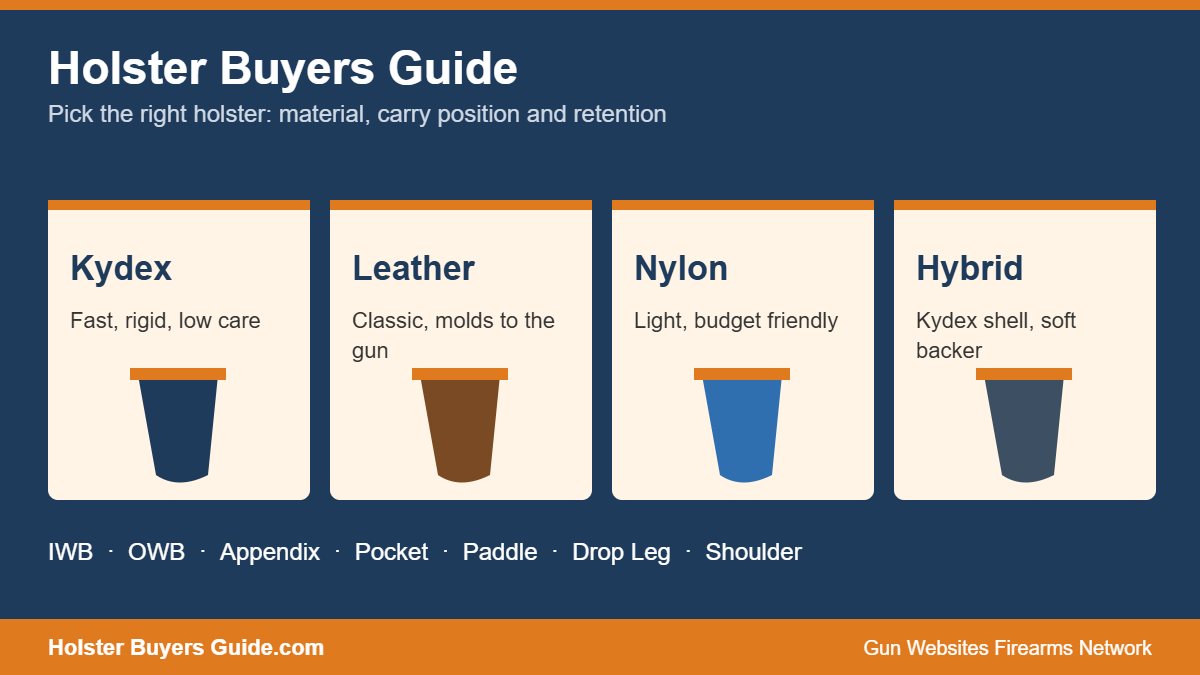 Holster Buyers Guide graphic showing Kydex, leather, nylon and hybrid holster materials
