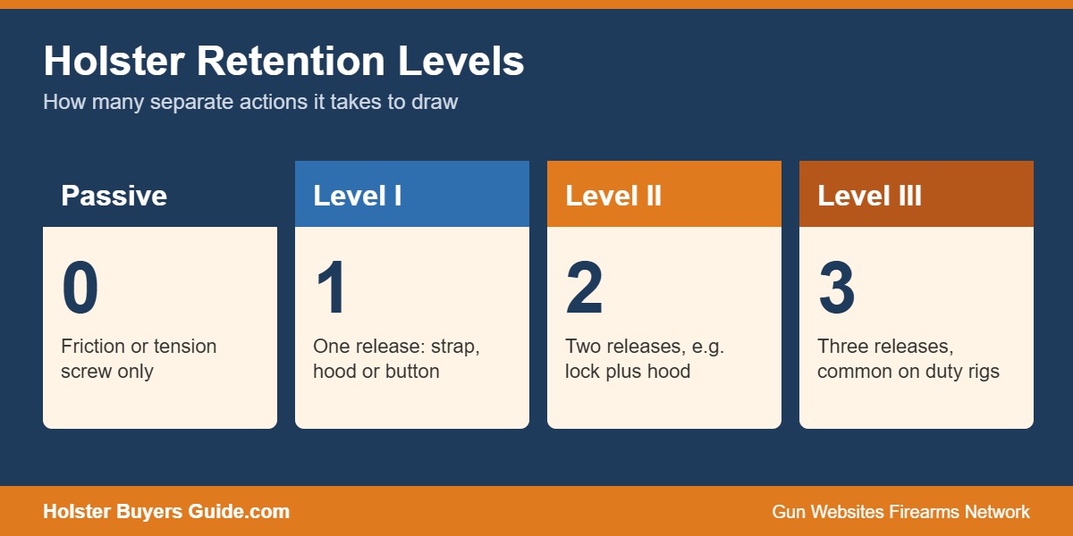 Graphic explaining passive, Level I, Level II and Level III holster retention